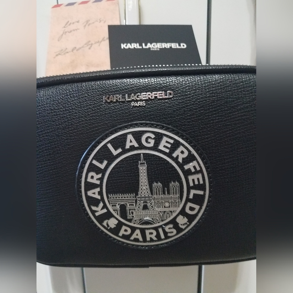 Karl Lagerfeld- NWT! Black Crossbody Camera Bag with White Logo Strap - Picture 3 of 14